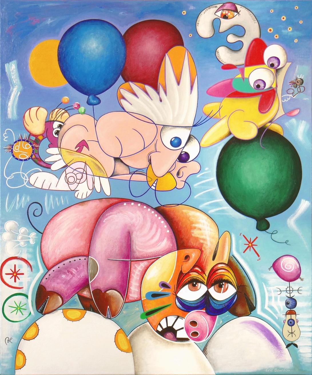 Pig-landing-in-cloudy-weather-73x60cm-Acrylic-painting-by-Eric-Bourdon